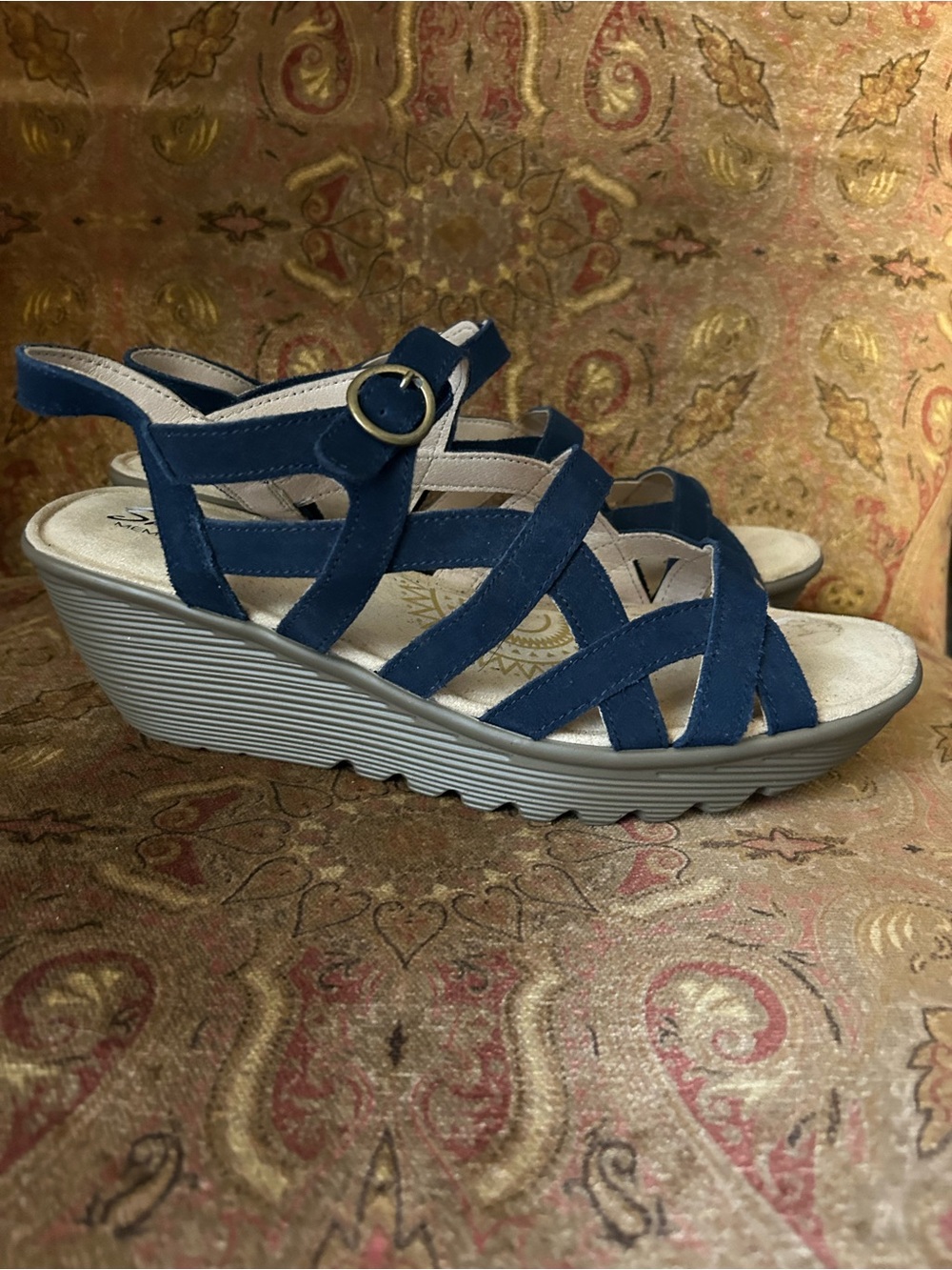 Skechers Womens Strappy Buckle Slingback Wedge Sandal Navy US Size 11